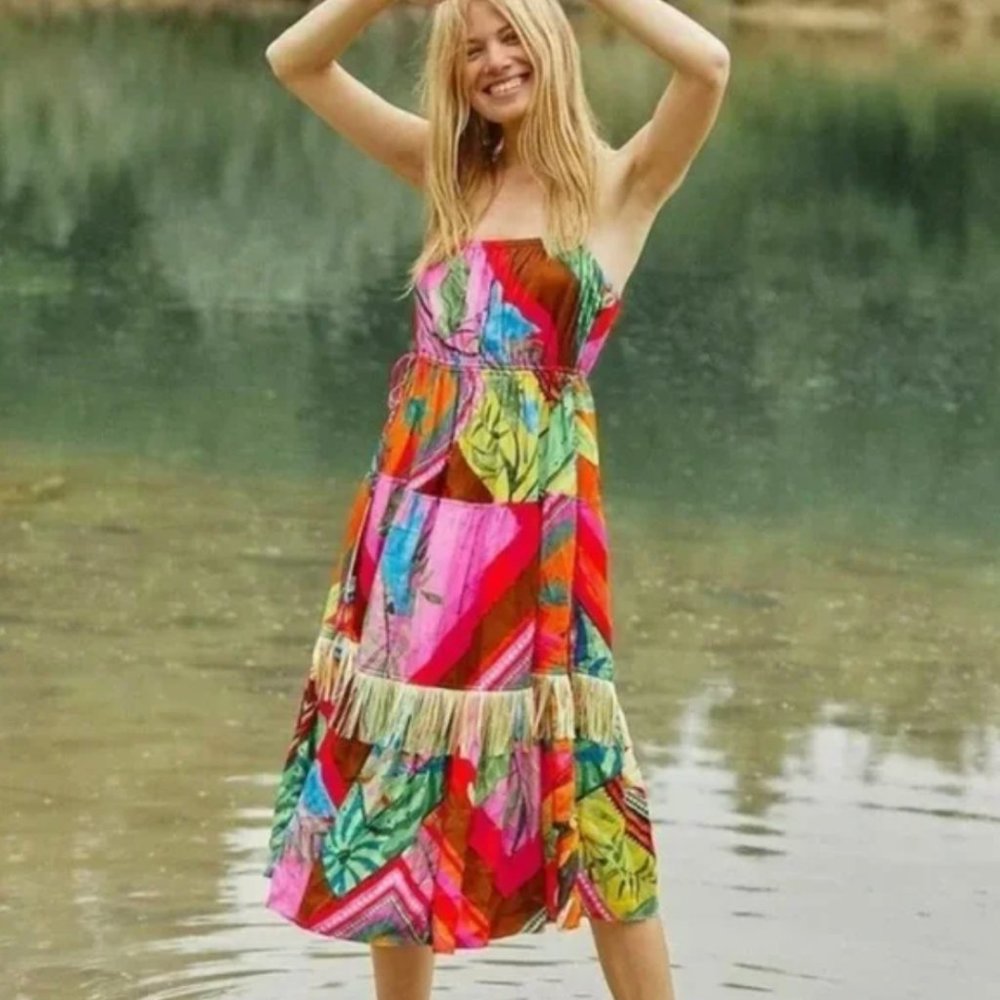 Farm Rio Anthropologie Palila Fringed Beaded Tassel Midi Dress - NWT